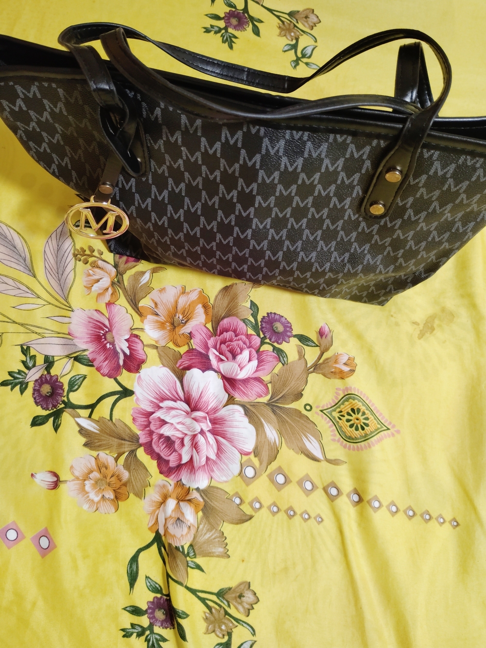 Michael Kors Black and Brown MK Logo Tote with Gold Charm